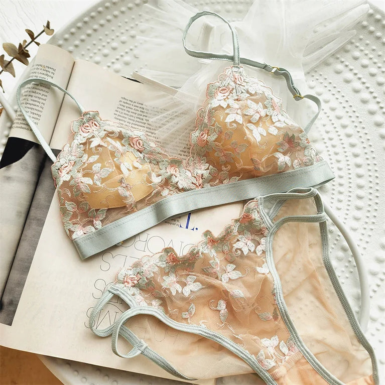 French Floral Embroidery Bra Set | Ultra-Thin Triangle Cups