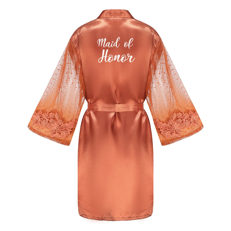 Caramel Wedding Robe | Mesh-Sleeve Satin Kimono