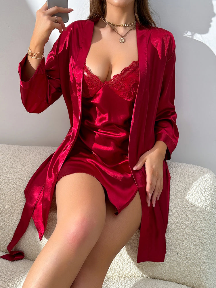 Women’s Satin Robe Set | Lace-Trimmed Sexy Nightdress Duo