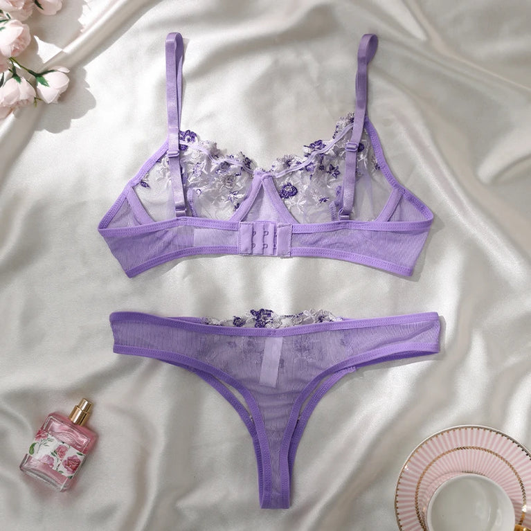 Floral Embroidery Wire-Free Bra & Brief Set – Unlined Sexy Lingerie