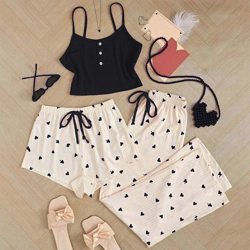 Women’s 3pc Heart Print Pajama Set | Ribbed Cami & Pants