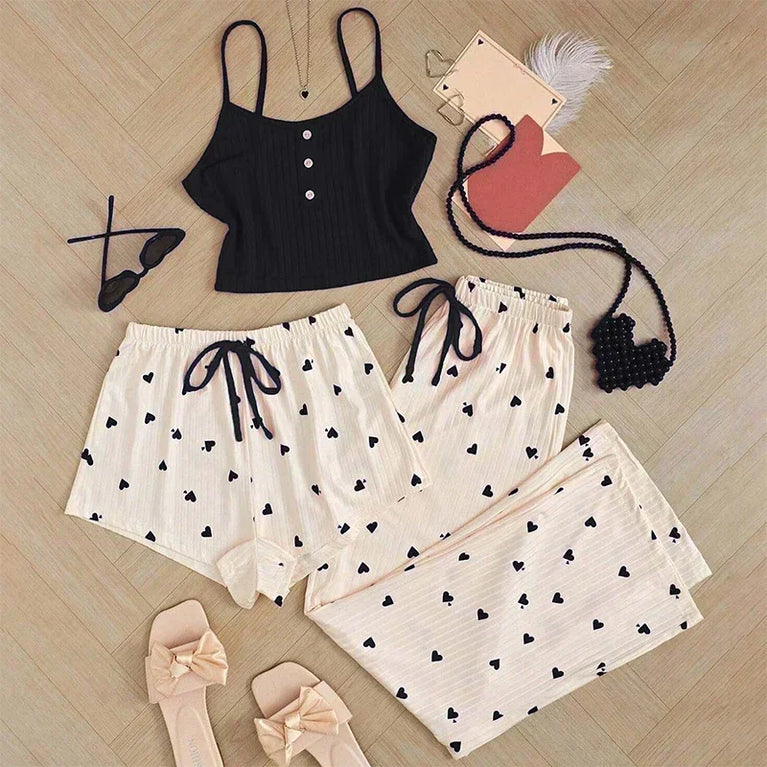 Women’s 3pc Heart Print Pajama Set | Ribbed Cami & Pants