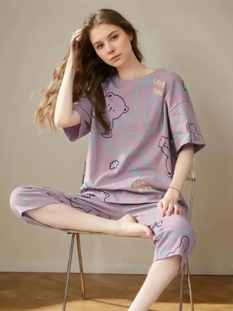 Women’s Summer Pajama Set | Short-Sleeve & Calf-Length Pants