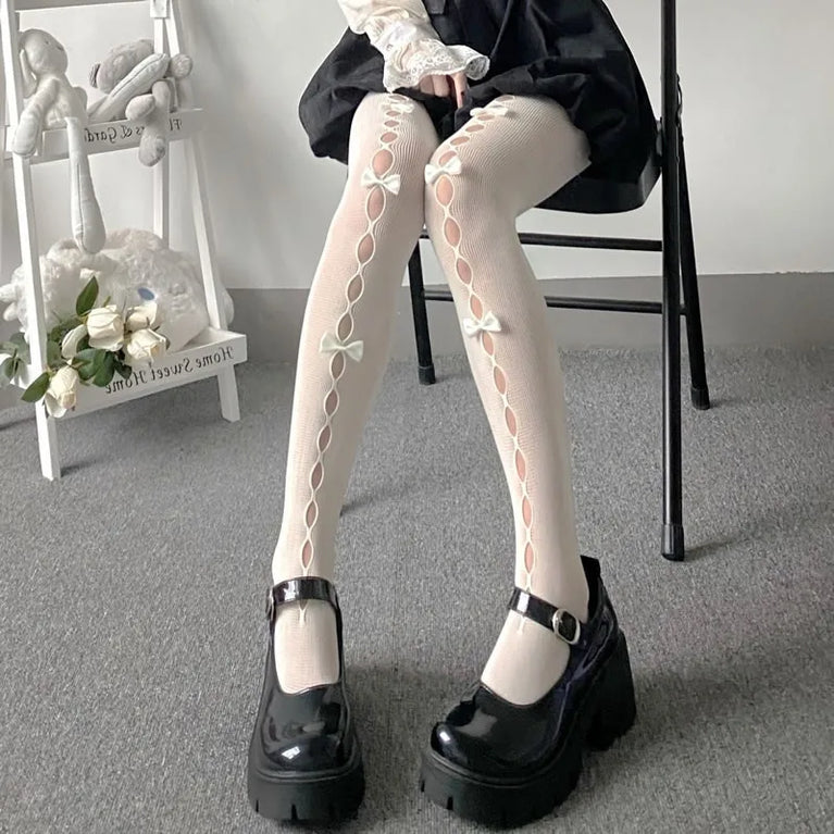 Lolita Bow Fishnet Thigh High Stockings for Women