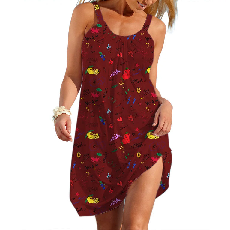 Floral Bow Neck Casual Loose A-Line Sleeveless Summer Slip Dress Knee-Length
