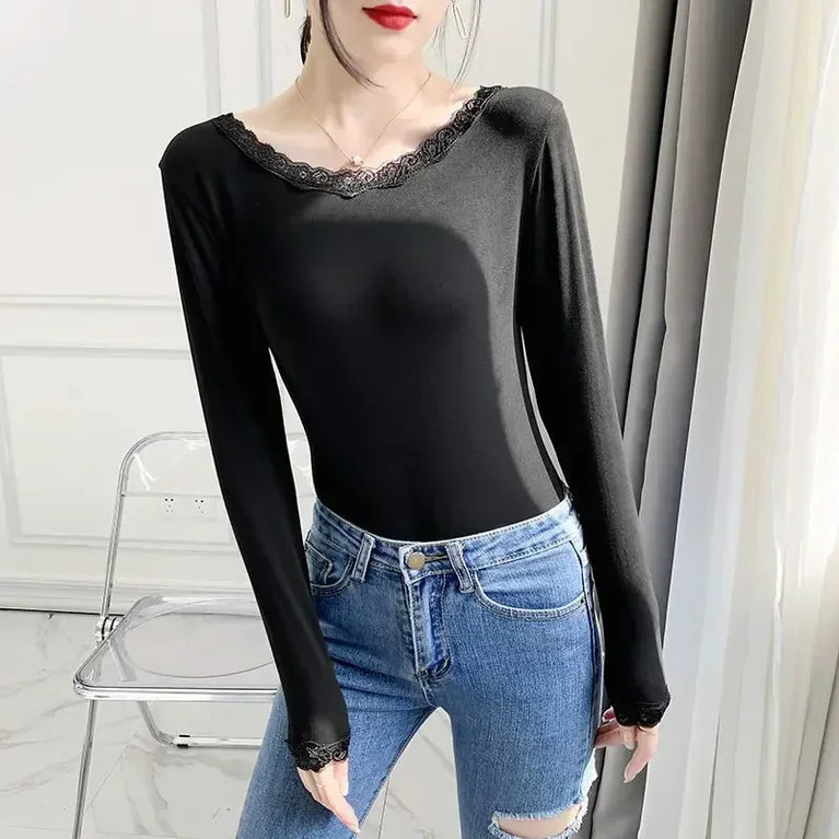 Women’s Thin Modal Thermal Top | Elegant Lace Trim Base Layer