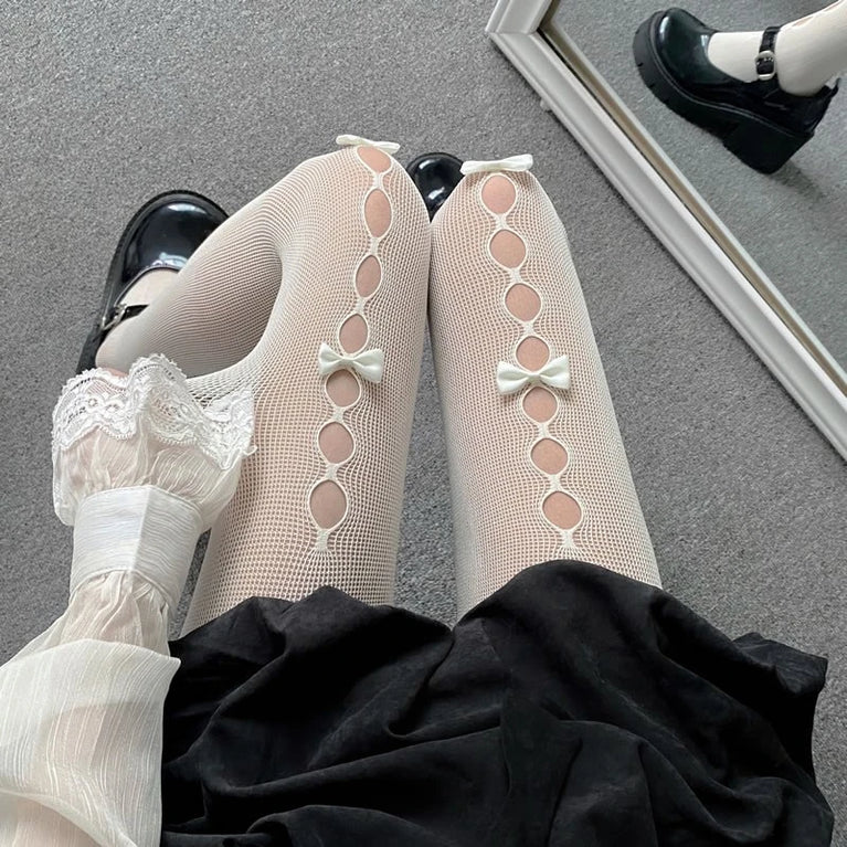 Lolita Bow Fishnet Thigh High Stockings for Women