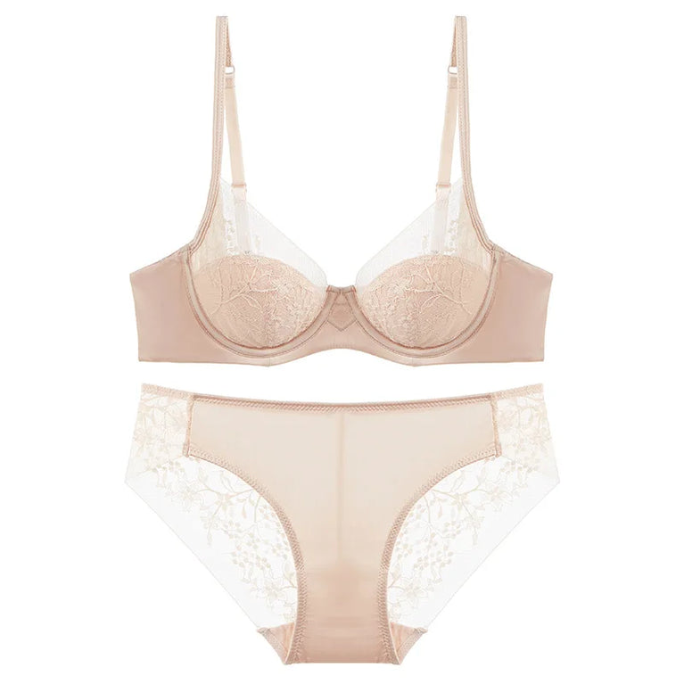 Floral Embroidery Plunge Push Up Bra Set – Elegant Underwire Lingerie
