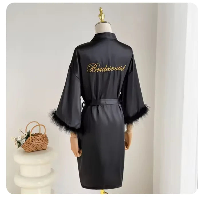 Bridal Satin Robe | Feather-Trim Wedding Kimono