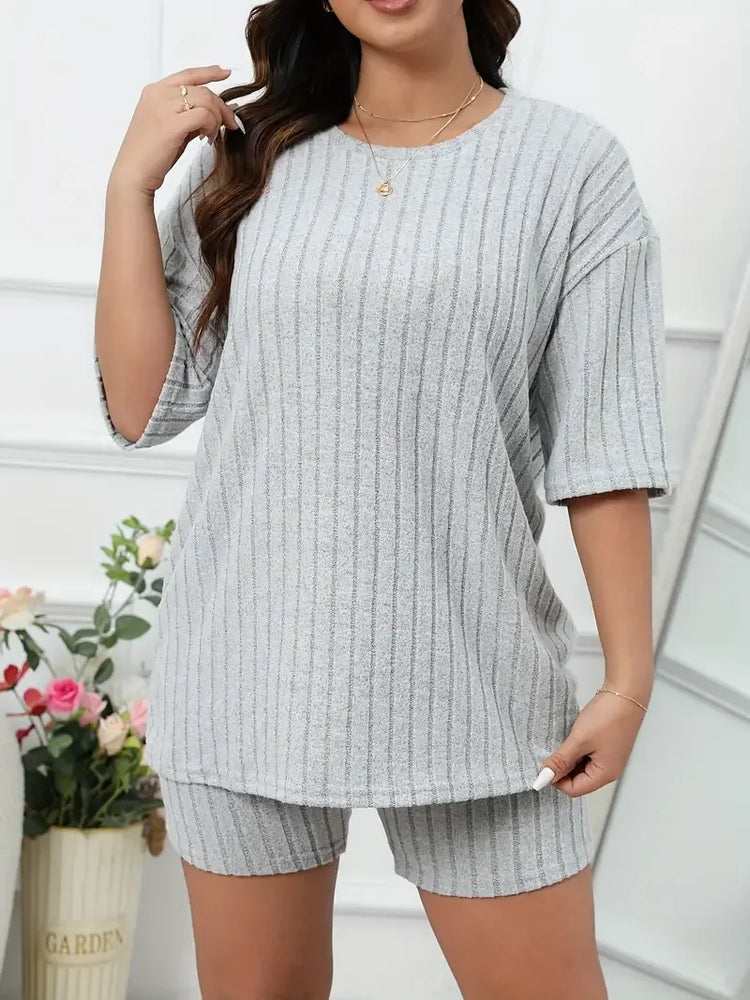 Women’s Plus Size Ribbed Pajama Set | Short Sleeve & Shorts