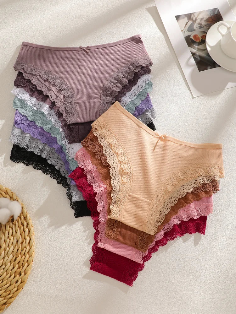 6pc Cotton Lace Panties | Crossed Belt Brazilian Briefs