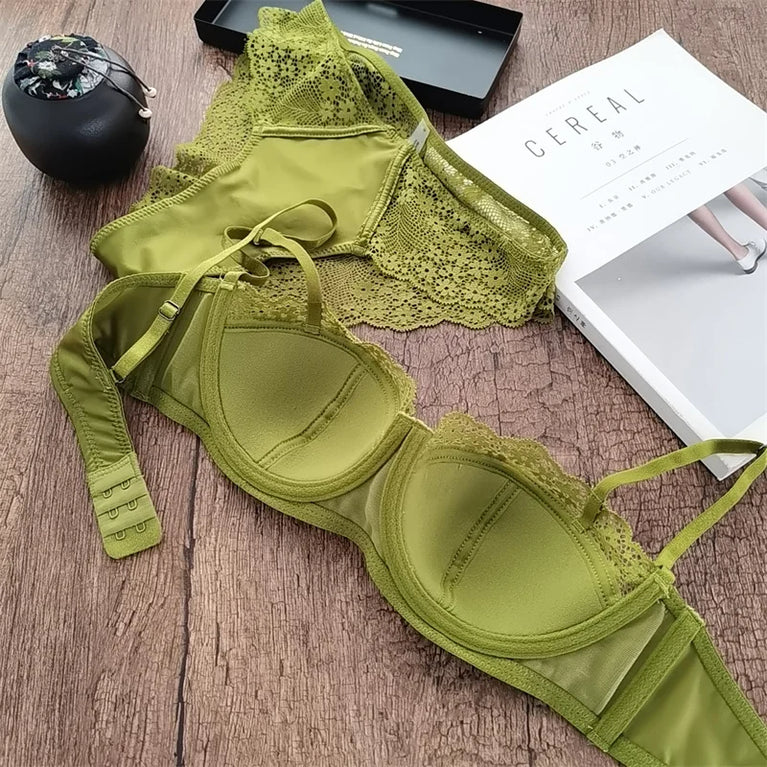 French Lace Embroidery Bra Set | Romantic Summer Green Duo