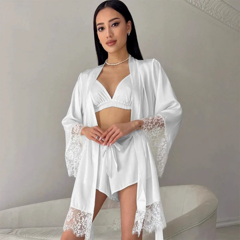 French V-Neck Satin Robe | Silky Lace-Trim Nightgown