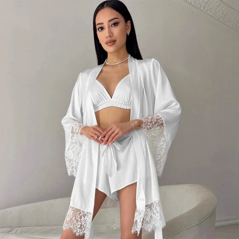 French V-Neck Satin Robe | Silky Lace-Trim Nightgown