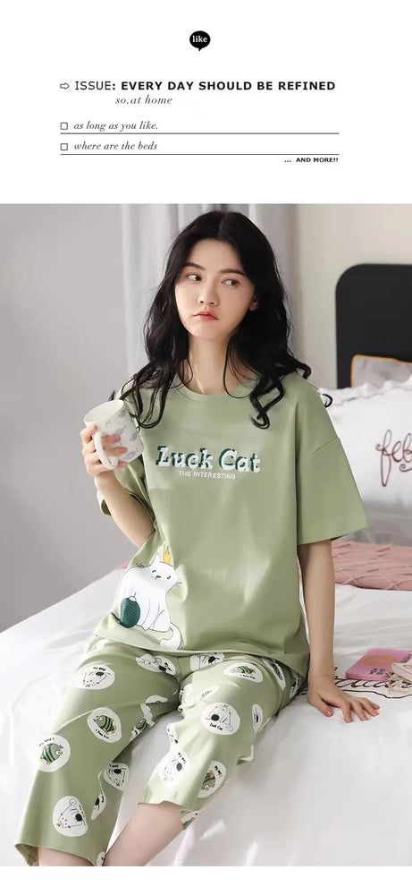 Women’s Milk Silk Pajama Set | Cute Cartoon Calf-Length Pants