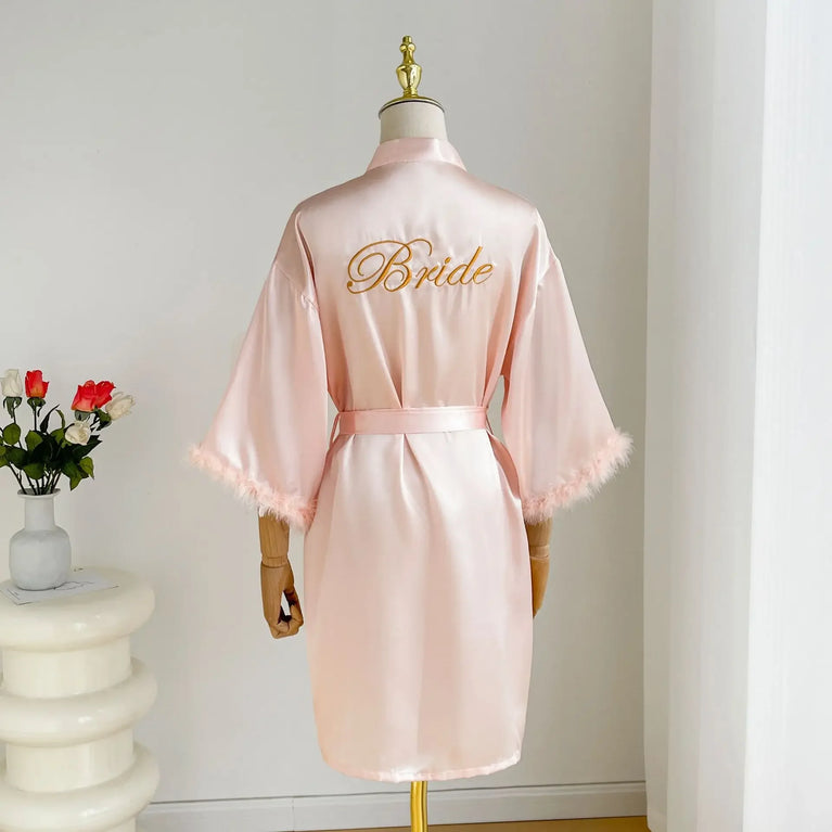 Bridal Satin Robe | Feather-Trim Wedding Kimono