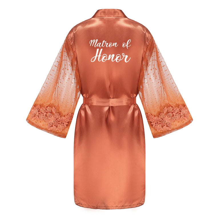 Caramel Wedding Robe | Mesh-Sleeve Satin Kimono