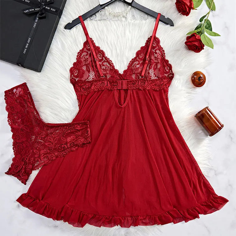 V-Neck Lace and Linen Mini Nightgown - Sexy Sleepwear for Women