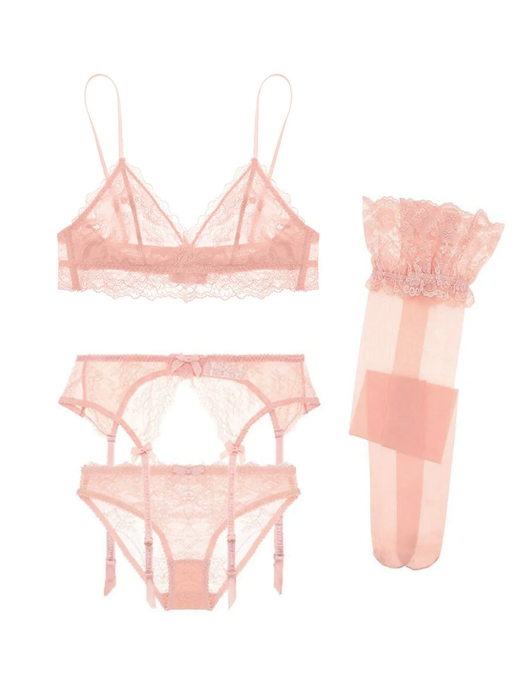 Seamless Floral Lace 4-Piece Lingerie Set – Sexy Underwire Bra & Robe