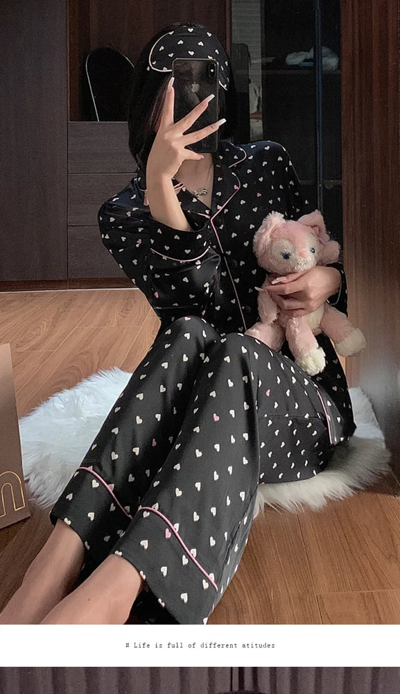 Women’s Ice Silk Pajama Set | Long Sleeve Love Print Nighty