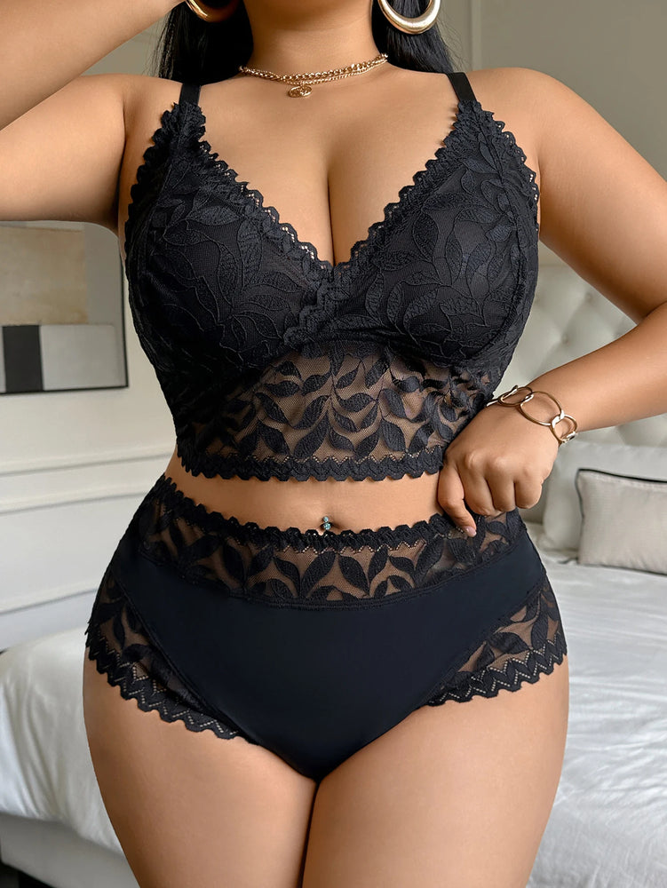 Plus Size Floral Lace Push Up Bra Set – Wireless Sexy Lingerie
