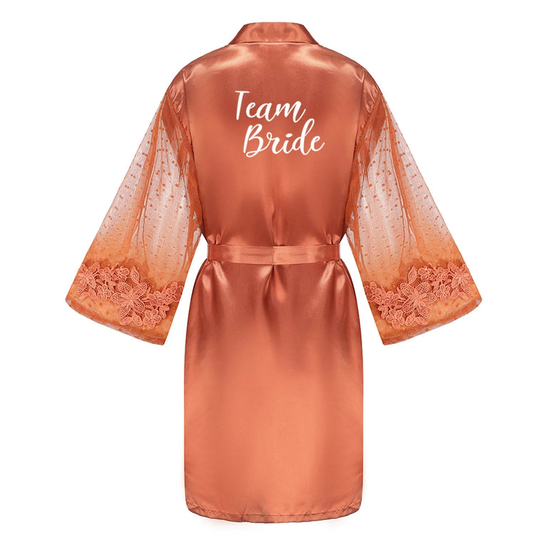 Caramel Wedding Robe | Mesh-Sleeve Satin Kimono