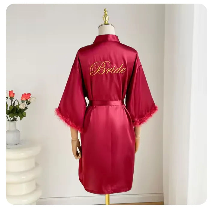 Bridal Satin Robe | Feather-Trim Wedding Kimono