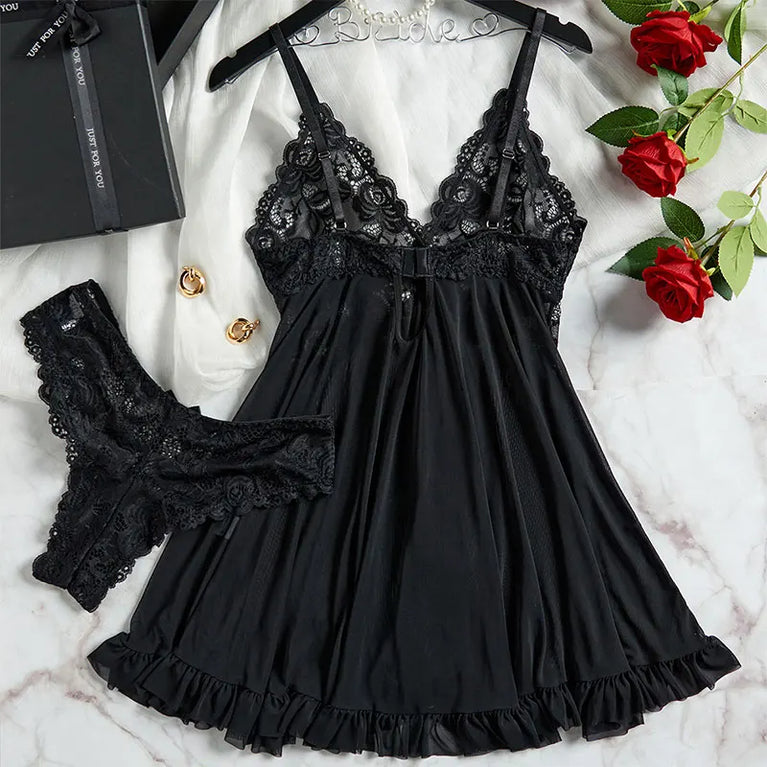 V-Neck Lace and Linen Mini Nightgown - Sexy Sleepwear for Women
