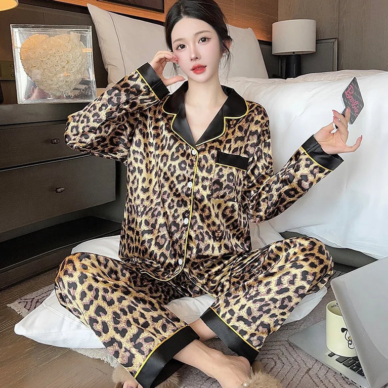 Women’s Ice Silk Pajama Set | Long Sleeve Love Print Nighty