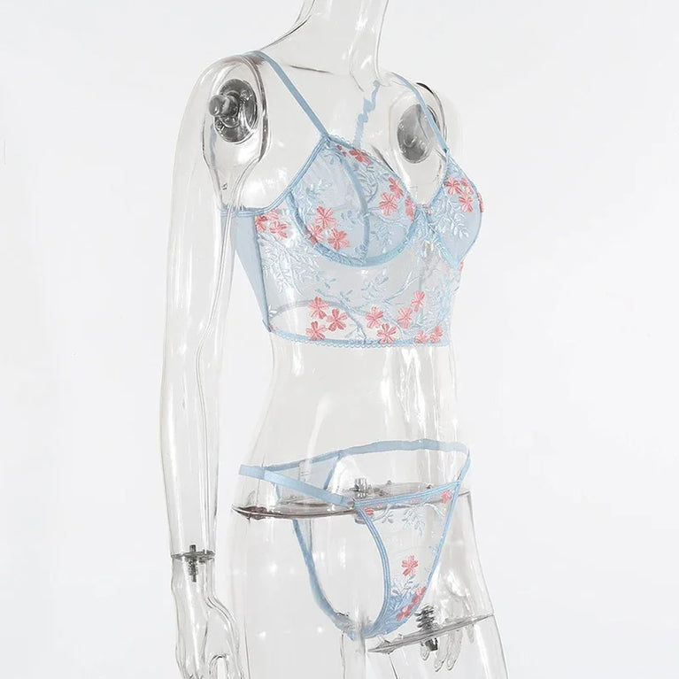 Floral Embroidery Unlined Bra and Brief Set – Sexy Transparent Lingerie