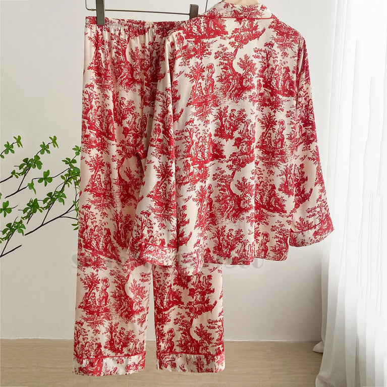 Elegant Floral Satin Pajama Set | Long Sleeve Summer Sleepwear