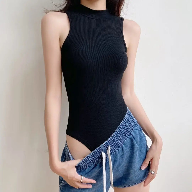 Turtleneck Sleeveless Knit Bodysuit | Summer Y2K High-Stretch Slim Fit