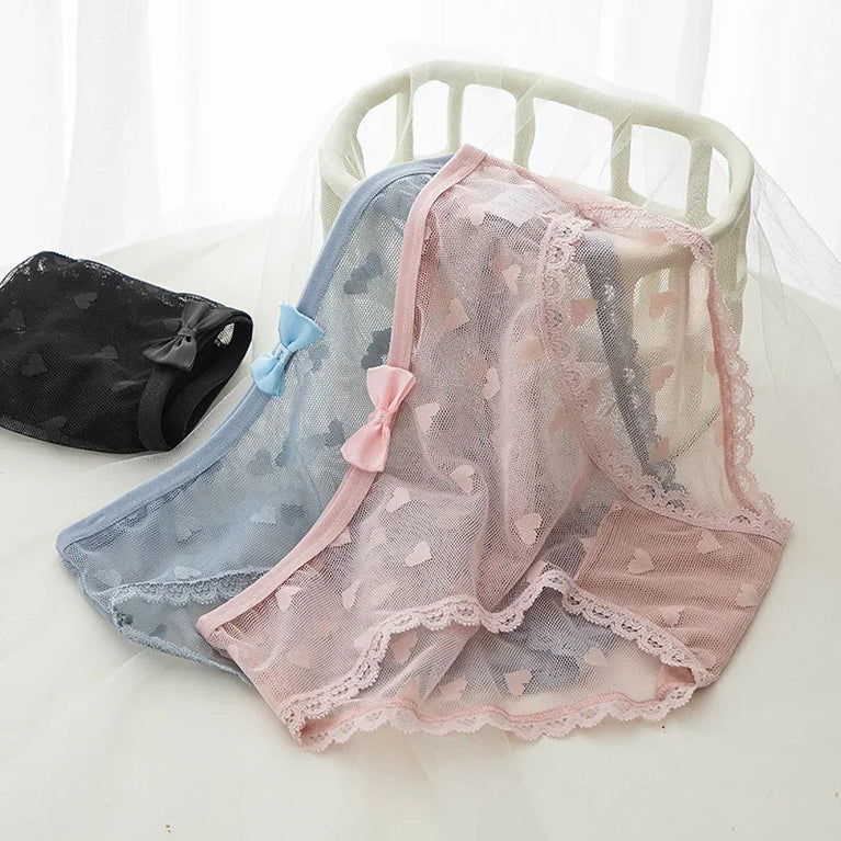 Sweetheart Mesh Briefs | Transparent Bow Heart Panties