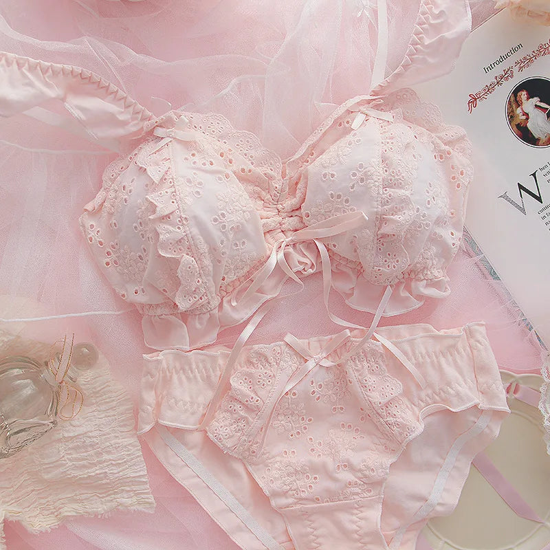 Sweet Lolita Cotton Embroidery Bra Set | Wireless Ruffle Duo