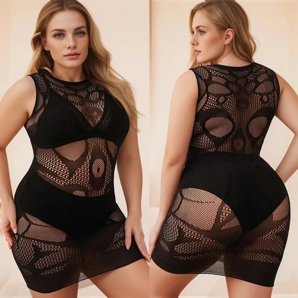 Satin Slip Dress Fishnet Bodycon Mini Nightwear for Women