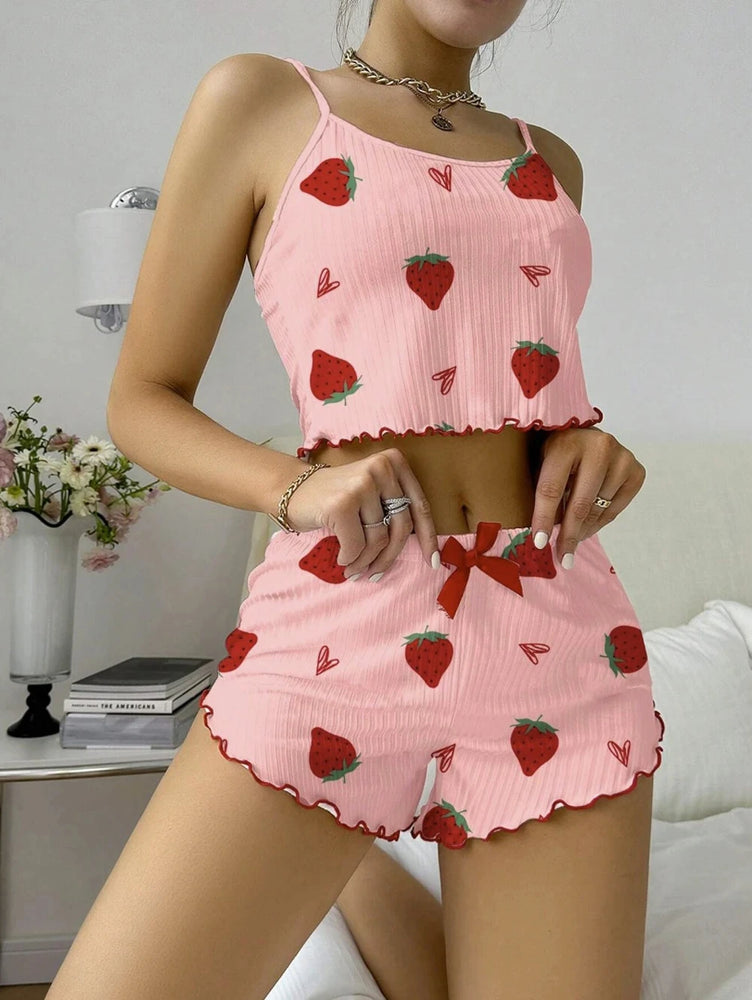 Strawberry Ribbed Knit Pajama Set | Ice Silk Summer Pajamas