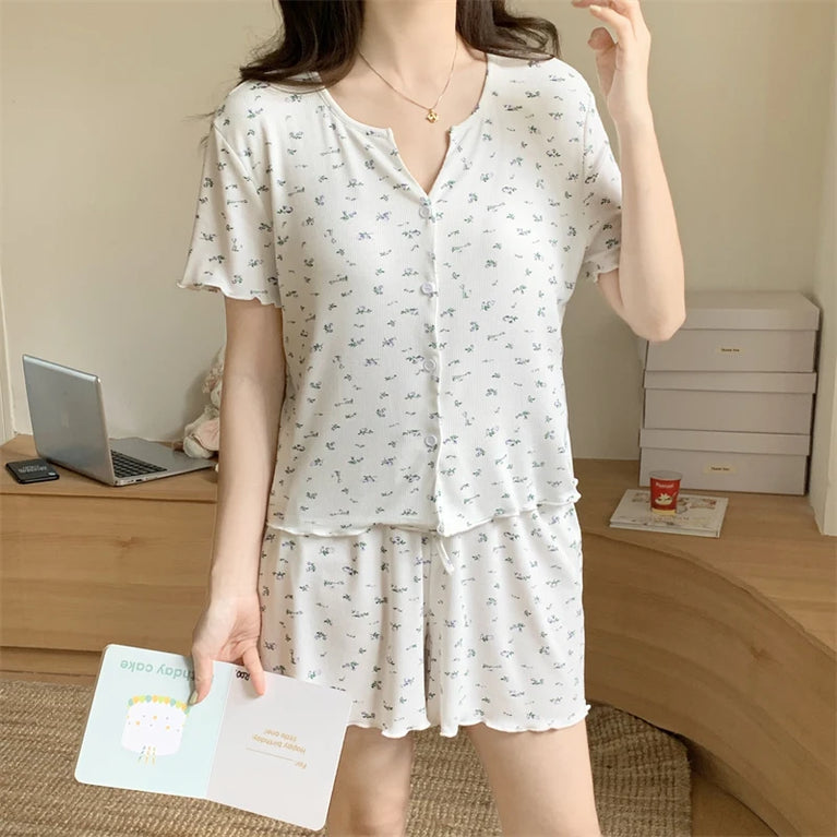 Women’s Floral Summer Pajama Set | Korean Style Home Clothes