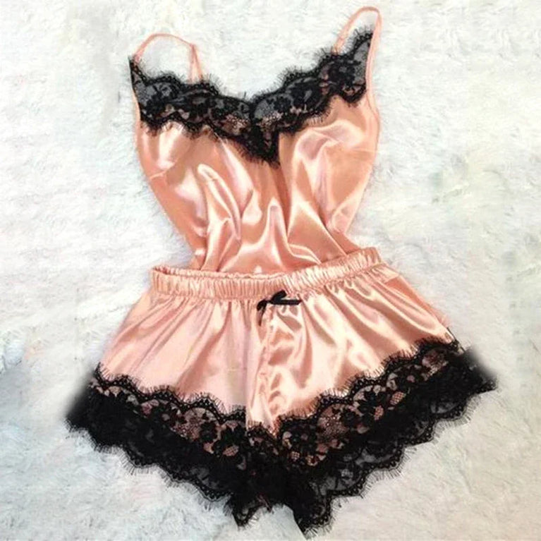 Lace Satin 2-Piece Pajama Set – Sexy V-Neck Strap Vest & Matching Sleep Shorts for Women