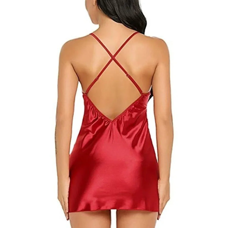 Sexy V-Neck Lace Nightdress | Backless Satin Cross-Strap Slip