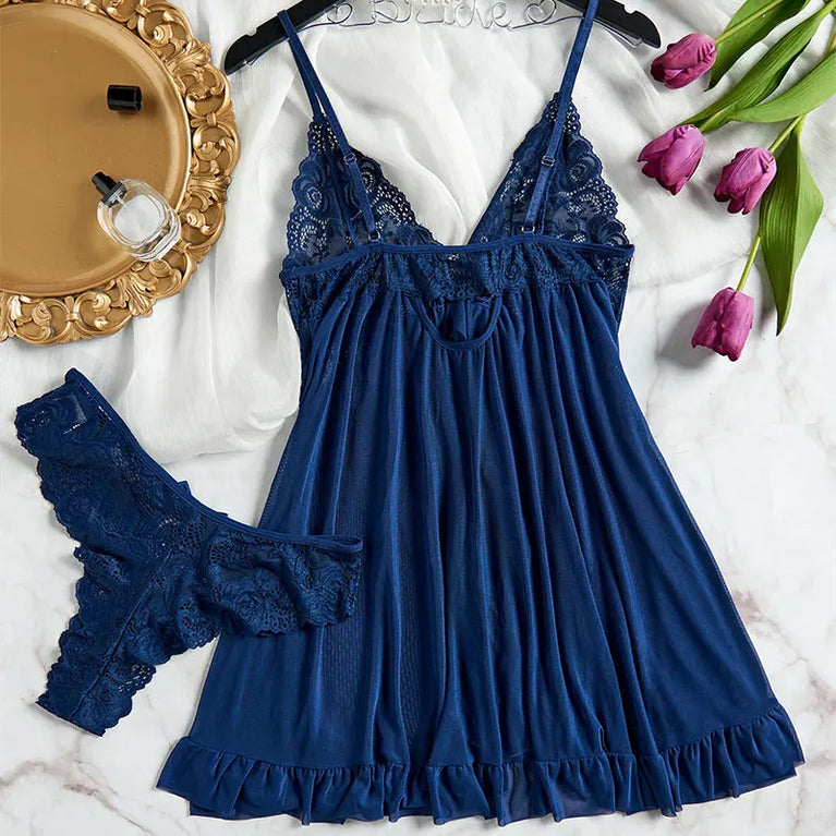 V-Neck Lace and Linen Mini Nightgown - Sexy Sleepwear for Women