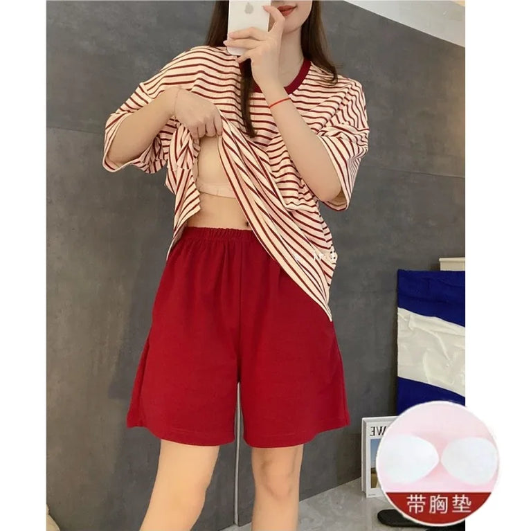 Women’s Striped Pajama Set | Built-in Chest Pads & Shorts