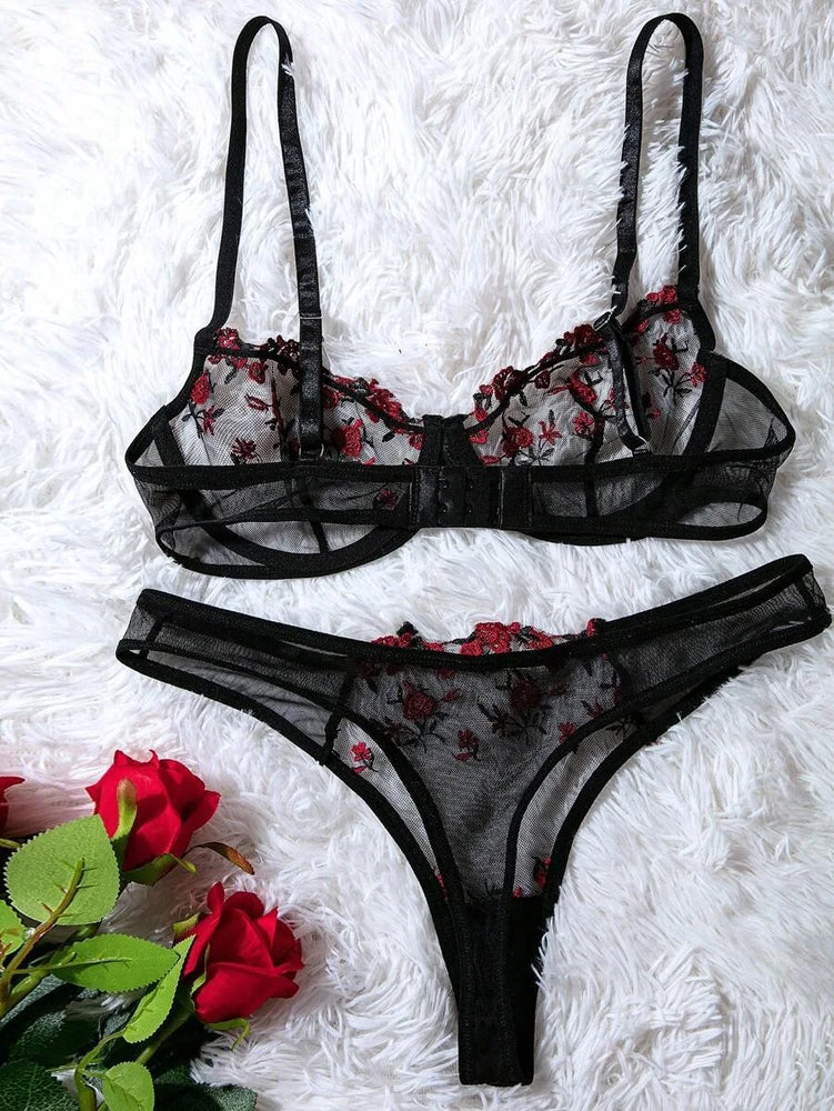 Floral Embroidery Wire-Free Bra & Brief Set – Unlined Sexy Lingerie
