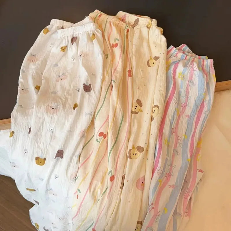 Cartoon Bear Summer Pajama Pants | Loose High Rise Trousers