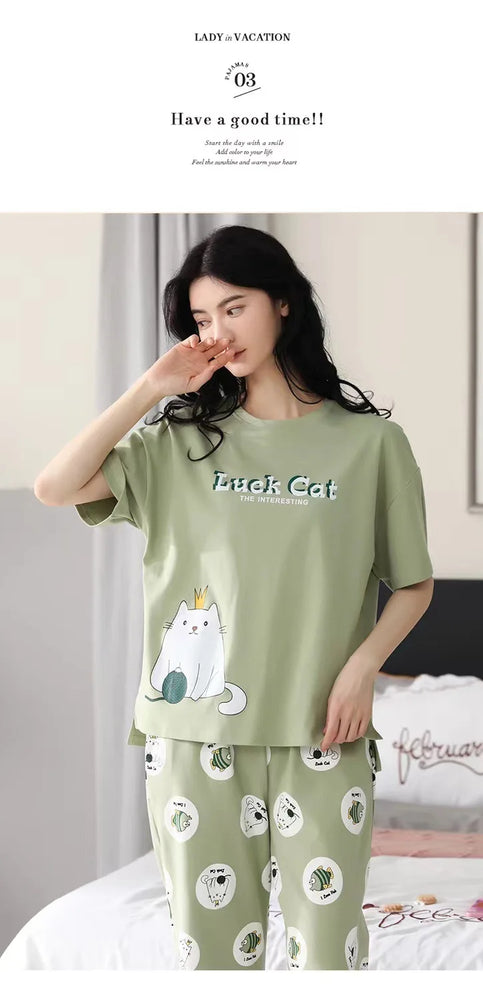 Women’s Milk Silk Pajama Set | Cute Cartoon Calf-Length Pants
