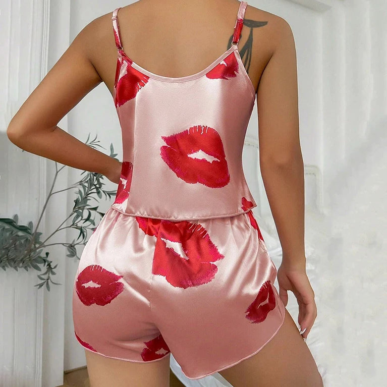 Women’s Satin Heart Pajama Set | V-Neck Cami & Silky Shorts