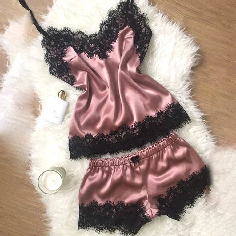 Lace Satin 2-Piece Pajama Set – Sexy V-Neck Strap Vest & Matching Sleep Shorts for Women
