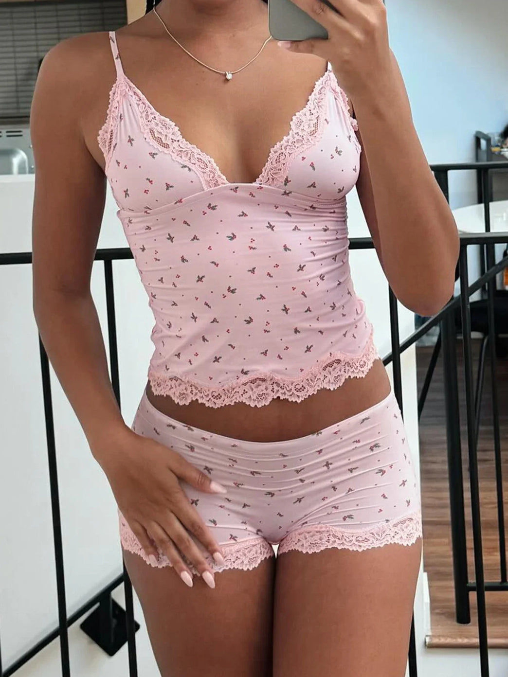 Women’s Floral Lace Pajama Set | Sleeveless Camisole & Shorts
