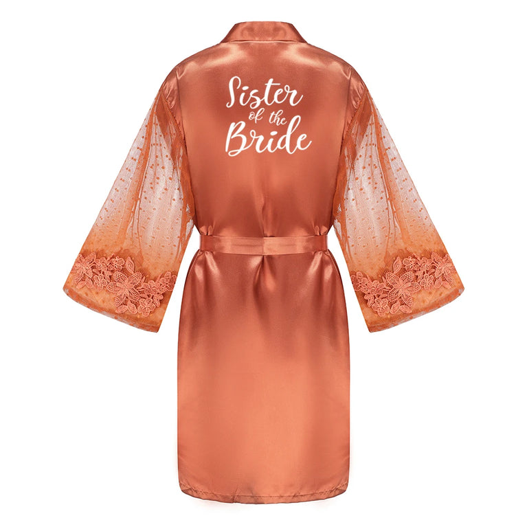 Caramel Wedding Robe | Mesh-Sleeve Satin Kimono