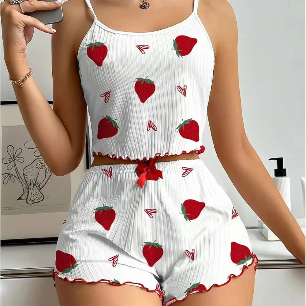 Strawberry Ribbed Knit Pajama Set | Ice Silk Summer Pajamas