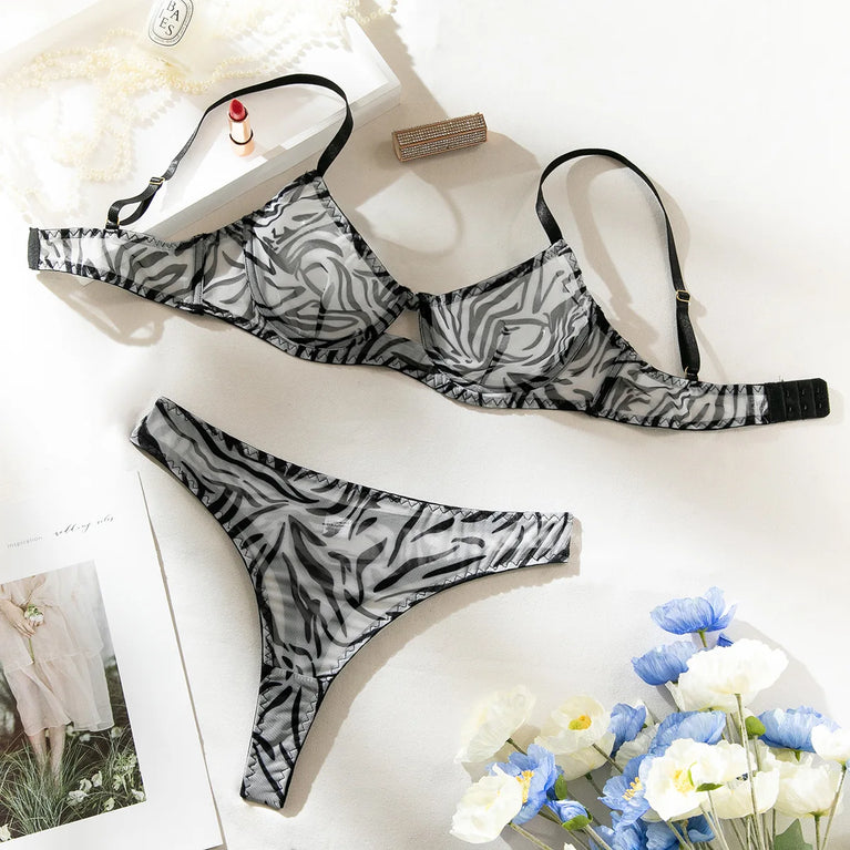 Seamless Leopard Printed Underwire Bra and Panty Set Women Underwear Lace See Through Push Up Sexy Lingerie Outfit